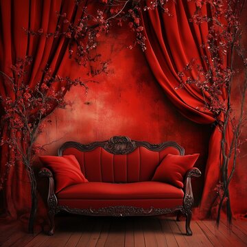 Romantic Red Silk Digital Backdrop: Boudoir and Studio Photography Overlays with Luxurious Sofa and Curtain Textures for Photoshop
