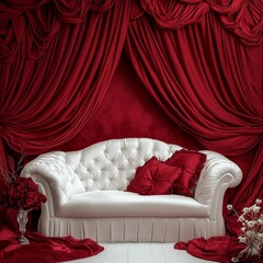 Romantic Red Silk Digital Backdrop: Boudoir and Studio Photography Overlays with Luxurious Sofa and Curtain Textures for Photoshop