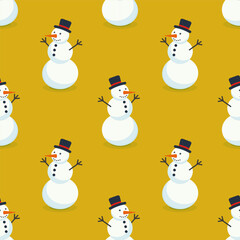 Cheerful snowmen on a golden background in a playful winter theme pattern