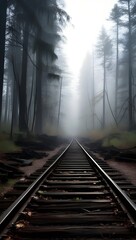 Fototapeta premium Misty railway tracks stretch through a dense forest in the early morning light. Generative AI