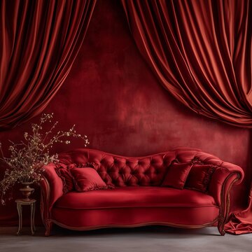 Romantic Red Silk Digital Backdrop: Boudoir and Studio Photography Overlays with Luxurious Sofa and Curtain Textures for Photoshop