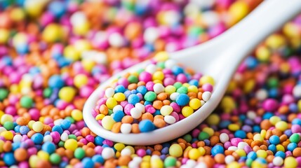 Colorful candy sprinkles in a spoon: vibrant and sweet confectionery delight