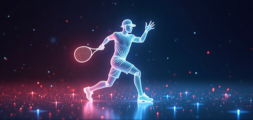 Obraz premium illustrative depiction of a tennis player made of bright graphic lines, dynamics and speed of the tennis game