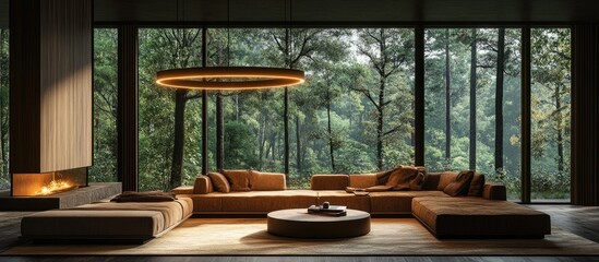 Fototapeta premium Modern living room with a large sectional sofa, a fireplace, and a view of a forest through large windows.