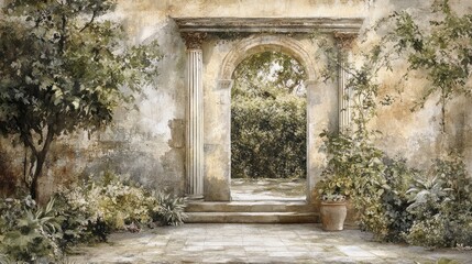 Obraz premium Watercolor Garden Tapestry: Serenity in an Ancient Greek Villa