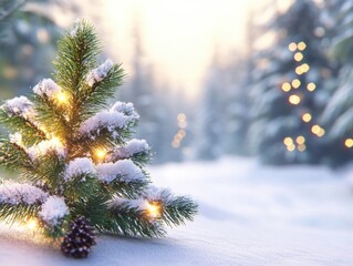 A snow-covered pine tree with glowing lights sits serenely in a snowy landscape. Soft bokeh lights in the background enhance the festive atmosphere.