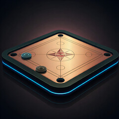 A digital illustration of a futuristic carrom board with holographic pieces. create picture