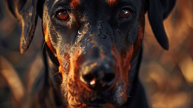 This captivating image captures the intense gaze of a Doberman Pinscher, highlighting the dog's strong features and expressive eyes in natural lighting.