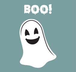 Flying spooky ghost character saying BOO with space for text, minimal flat illustration on a slate blue background