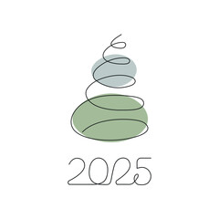 Christmas tree and inscription 2025 drawn in one continuous line. Greeting banner or postcard. Minimalist black linear sketch with color spots. Vector illustration.