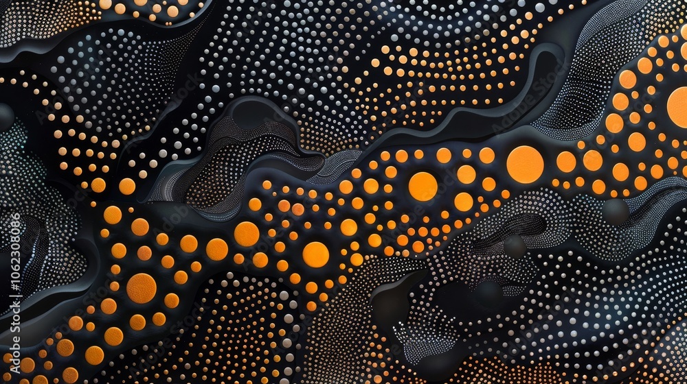 Poster an abstract artwork featuring intricate black and orange dotted patterns on a textured canvas, symbo