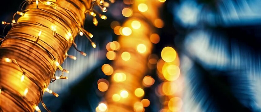 Golden Lights Twinkle on a Palm Tree Trunk, Creating a Magical Tropical Christmas Scene. 4K Video. Golden Bokeh Lights Glow on a Palm Tree at Night