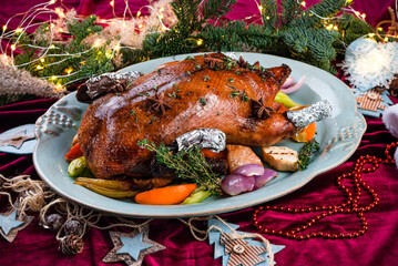 Baked turkey served for Thanksgiving, Christmas dinner