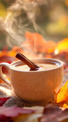 Thanksgiving Hot Apple Cider with Cinnamon Stick Surrounded by Autumn Leaves
