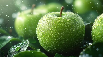 Refreshing green apples with water droplets in a lush garden setting