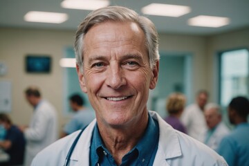 Fototapeta premium Close portrait of a smiling senior American man doctor looking at the camera, American hospital blurred background