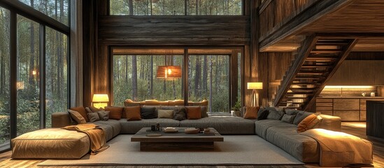 Cozy living room with large windows overlooking a forest, featuring a sectional sofa, wooden coffee table, and warm lighting.