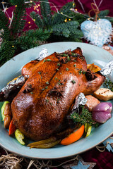 Baked turkey served for Thanksgiving, Christmas dinner