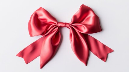 Fototapeta premium A beautiful red ribbon made of satin is tied into a bow and placed on a white background.