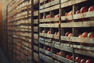 Storage of fresh, ripe apples in wooden crates, organized in rows, a view of harvested produce, rustic environment, fruit storage concept