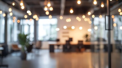 Modern office interior blurred background featuring large windows and elegant lighting elements.