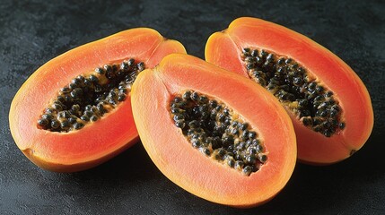Fresh halved papayas on dark background highlighting vibrant orange flesh and seeds