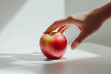 Hand reaching for a vibrant red apple, natural lighting casting soft shadows, freshness and temptation concept