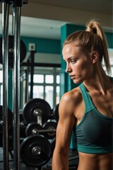 Obraz premium Focused Young Woman in Sports Bra Training with Weights in Modern Gym