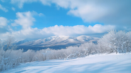 A snow-covered mountain range with fluffy clouds drifting above, copy space, winter mood