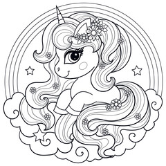 Little cartoon unicorn with a long tail sits on a cloud with a rainbow. Black and white linear drawing. Isolated on white background. For children's design of coloring books, prints, posters, stickers