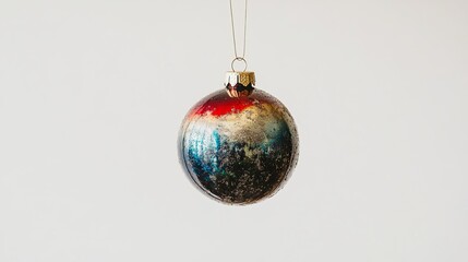 A Christmas ornament hanging against a white backdrop.