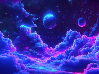 Obraz premium A surreal, digital artwork of a fantasy cosmos with vibrant nebulae and glowing planets. The colors blend seamlessly in a dreamlike cosmic scene.