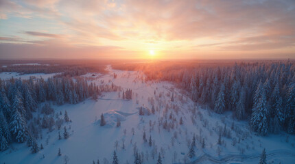 Snow-Covered Forest at Sunset in Winter Wonderland