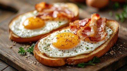 Delicious Breakfast: Sunny-Side-Up Eggs and Crispy Bacon on Toasted Bread