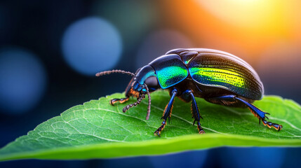 Fototapeta premium A vibrant, iridescent beetle perched on a green leaf, illuminated by soft sunlight, showcasing rich colors and intricate details.