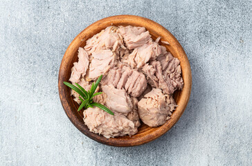 Canned tuna in bowl photography . Top view