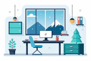 Minimalist Winter Workstation by Window on white background 