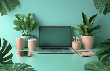 3D rendering of a laptop mockup on a table with office stationery and potted plants against a blue-green background. Minimalist style, digital artwork, high resolution
