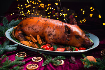 baked whole young piglet for Christmas dinner