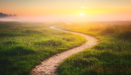 Scenic path winding through a grassy field at dawn, captured in a natural spring summer landscape.
