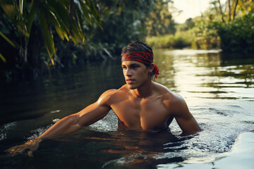Fototapeta premium Model in a Lake for a Nature-Themed Advertising Campaign