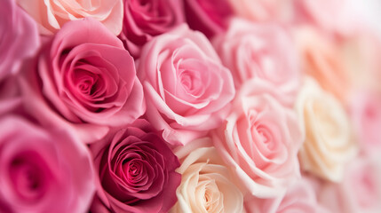 Ombre rose petals in shades of pink and white background  