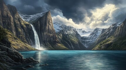 Obraz premium Remote fjord with steep, snow-capped cliffs and serene blue waters, under a dramatic sky