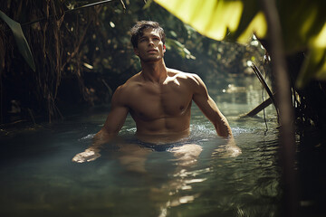 Model in a Lake for a Nature-Themed Advertising Campaign