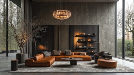 Modern living room with a large sectional sofa, a round coffee table, a large window, and a tree in a pot.
