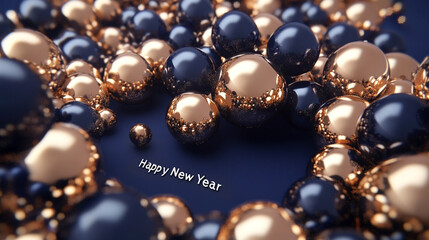 Elegant New Year celebration with reflective gold and dark spheres against a navy background, featuring Happy New Year text for a festive and glamorous look