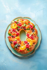 Oval shaped Spanish Christmas cake decorated with dried fruits