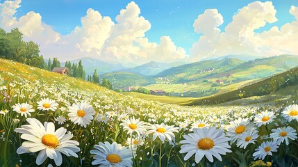 Spring and summer landscape featuring a blooming field of daisies in a hilly countryside.
