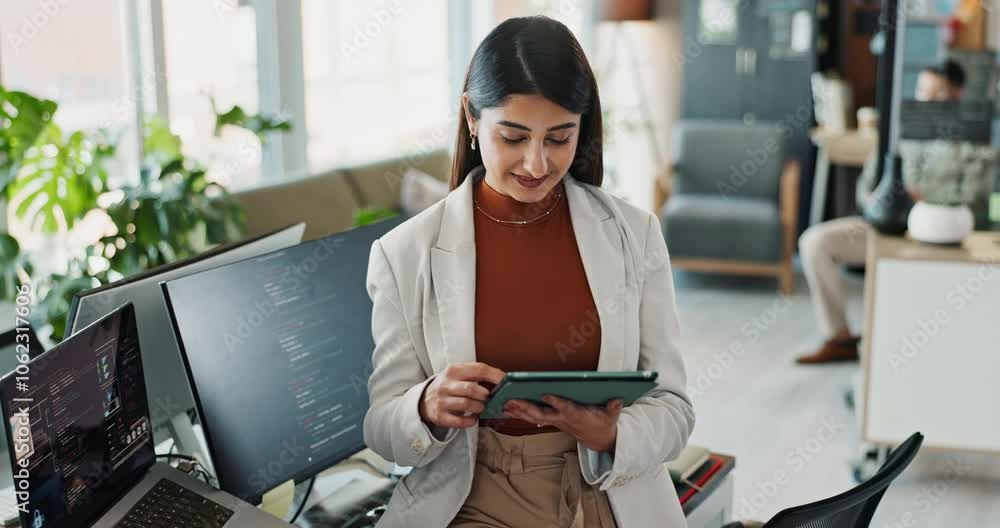 Poster Research, programmer and business woman on tablet for software development, scroll or reading. Code, digital technology and happy engineer work on game design, database or website in creative startup