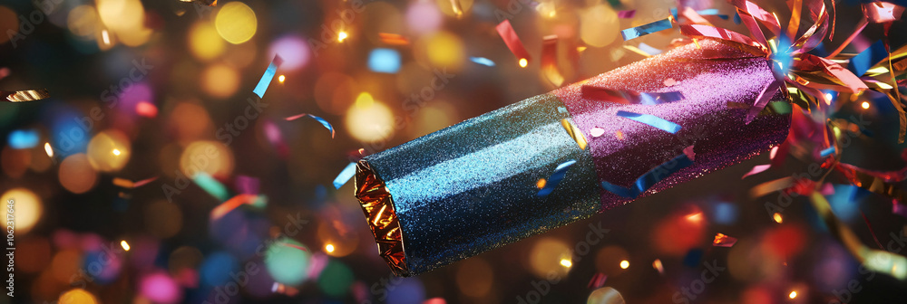 Aufkleber giant christmas cracker floating in the air, bursting open with confetti and streamers in a rainbow 